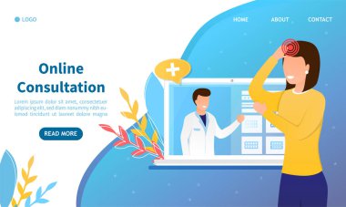Genç ve çekici bir kız doktor tarafından çevrimiçi doktor konsepti tıbbi tavsiye ve konsültasyon uygulaması ile çevrimiçi reçete alır. İniş sayfası, web sayfası, mobil versiyonu için düzenlenmesi kolaydır.