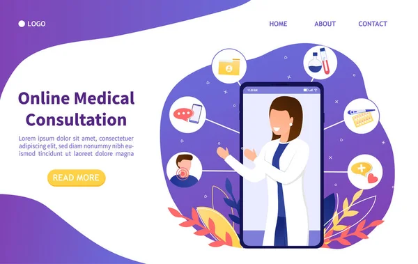 Colorido concepto de telemedicina en línea. Consulta de doctorado por teléfono. El paciente va a una clínica virtual a través de la aplicación. Tecnología médica moderna en un smartphone. Ilustración de vectores planos — Archivo Imágenes Vectoriales