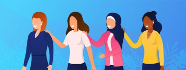 Farklı milletlerden ve kültürlerden kadınlar bir arada duruyorlar. Uluslararası feminizm ve kadın arkadaşlığı kavramını destekliyorlar. Güçlendirme Düz Vektörünün Renkli ResmiComment