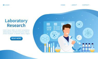 Genç ve çekici bir bilim adamı laboratuarda mataralar ve kimyasallarla çalışıyor. Modern bir laboratuvar araştırması olan Biyoteknoloji Tıp Mühendisliği Sağlık Hizmetleri. Genetik Test Düz Vektörü