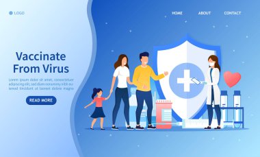 İnsanların toplu aşısı konsepti. Genç bir aile çocuk doktoruna gelir. Çocuklar için planlanmış aşılar. Hastalıkların önlenmesi, enjeksiyonlar Sevimli hemşire aşı ilacı enjekte ediyor.