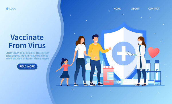 Mass vaccination of people concept. A young family comes to the pediatrician. Scheduled vaccines for children. Disease prevention, injections Cute nurse injects immunizing medicine Vector Illustration
