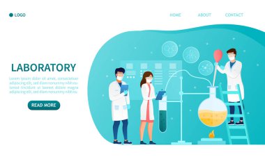 Modern laboratuvar konsepti üzerine deneyler yapan bir grup bilim adamı. Tıbbi araştırmalar yeni ilaçları test ediyor. Laboratuvar içi mikrobiyoloji ve farmakoloji web tasarımı için elverişli Düz Vektör İllüstrasyonu