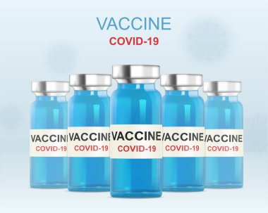 Açık mavi arka planda antiviral aşı ile gerçekçi Ampuller. Coronavirus enfeksiyonu, Covid-19, nCov 2019. Virüse karşı savaş. Farmakolojinin zaferi. İzole Vektör İllüstrasyonu