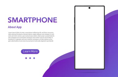 Boş ekranlı akıllı telefon. Mor arka planda gerçekçi cep telefonu bilgi grafikleri veya arayüzün sunumu için bir şablon olabilir. Daha az akıllı telefon çerçevesi. Vektör Resimleri UI UX tasarımı