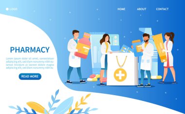 Eczane konsepti. İnsanlar ilaçları kese kağıdına koyar. Sağlık hizmetleri. Eczaneden uyuşturucu almak. Web sayfası, web sitesi ve mobil web sitesi için kavramsal düz vektör çizimi. Eczacılar düzen sağlar.