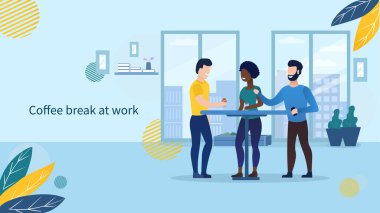 İş adamı karakterler kahve molası veriyorlar. Ofis hayatı konsepti. Meslektaşlar ofiste mola veriyorlar. Ofis işleri. Düz Vektör İllüstrasyonu