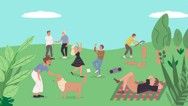 Collectie van mensen ontspannen in de natuur. Een paar dansen. Het meisje aait de hond. Hij kiest brandhout op de barbecue. Vrienden brengen tijd samen door. Jong leven. Platte cartoon vector Illustratie — Stockvector