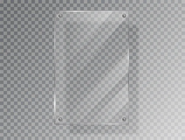 Realistische glazen plaat van rechthoekige vorm op transparante achtergrond. Acryl en glas textuur met glans en licht. Realistisch glazen raam of frame. Vector Illustratie 10 EPS geïsoleerd — Stockvector