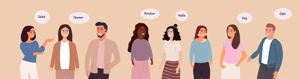 En grupp vänliga människor av olika raser och kulturer hälsar på olika språk från hela världen.Vektorillustration — Stock vektor