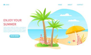 Yaz tebrik kartı konsepti. İniş sayfası, web tasarımı, afiş, başlık, poster ve reklam şablonu ve yaz tatili için uygun plajda hafif yaz renkleri Vector Illustration