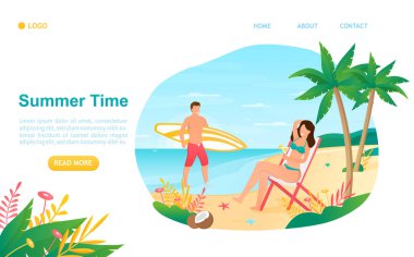 Genç ve çekici bir çift tatilde. En iyi yaz konsepti. Palmiye ağaçlarıyla dolu bir adada tropik bir sahil. Kaslı bir adam ve seksi bir kadın. Yaz etkinliği. İniş sayfası ve web tasarımı için uygun