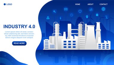 Endüstri 4.0 Renkli Kavram. Robot teknolojileri kullanan modern bir şehir. Fabrikadaki dijital otomatik sistemler. İniş için uygun, web tasarımı, bilgi grafikleri. Düzenlemesi kolay. Düz Vektör İllüstrasyonu