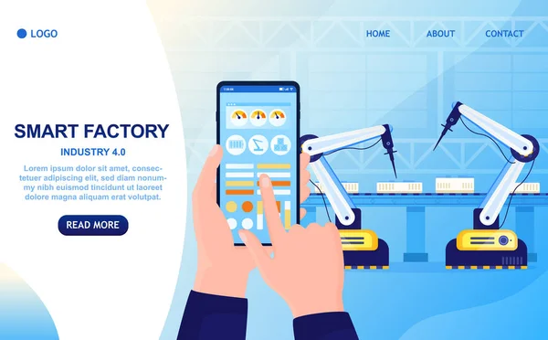 Smart Factory Kleurrijk Concept. Hand met smartphone regelt het productieproces. Industrie 4.0 Slimme robots werken aan de assemblagelijn. Slim digitaal controlesysteem. Afstandsbediening fabriek. Vector — Stockvector