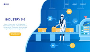 Robot fabrika işçisi. Android, Yapay Zeka Üretim Endüstrisi 5.0 konseptinde çalışıyor. Fütürist Teknoloji Modern İmalat İcat Robotu Düz Vektör İlülasyonu