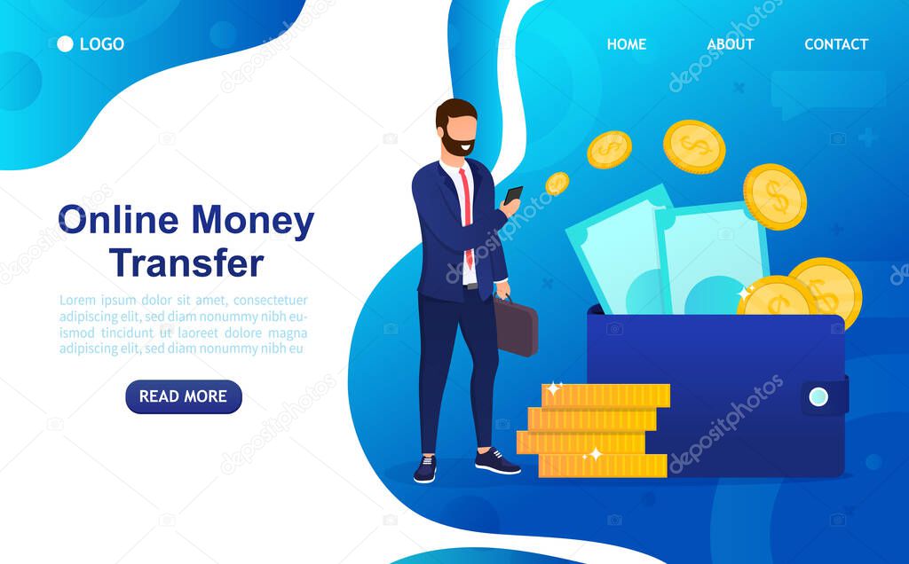 Online money transfer concept. A young successful man transfers money using a mobile phone to his wallet. Businessman making online payment. Suitable for landing, web design, mobile app. Flat Vector
