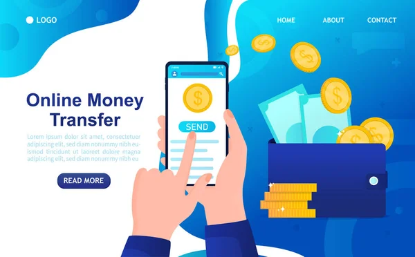 Online Money Transfer Concept. Money is sent via smartphone. Hand holding smartphone and sent money to wallet. E-Commerce Online Banking. Financial management. Isolated Flat Vector Illustration — Stock Vector