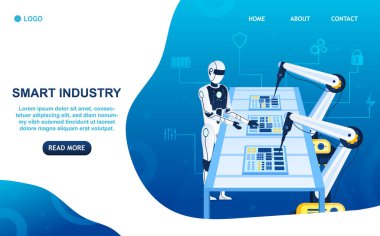 Fabrikanın gelecek konsepti. Robotik Kollar 'ın üretim sürecini insansı robot kontrol ediyor. Bilgisayar çipleri montajı. Akıllı elektronik. Gelecekçi Mühendislik. Fabrika otomasyonu, sanayi 4.0. Vektör