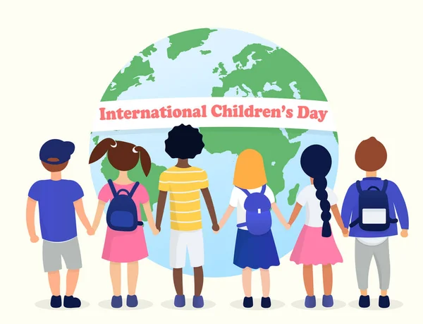 International Childrens Day. Children of different races and cultures on the background of the planet. — Stock Vector