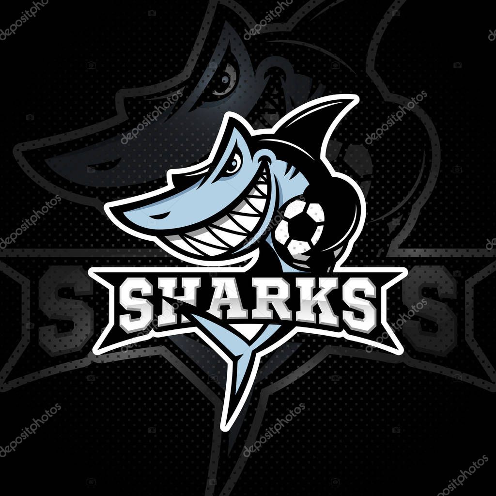 Angry shark mascot for a soccer team on a dark background. Vector illustration.