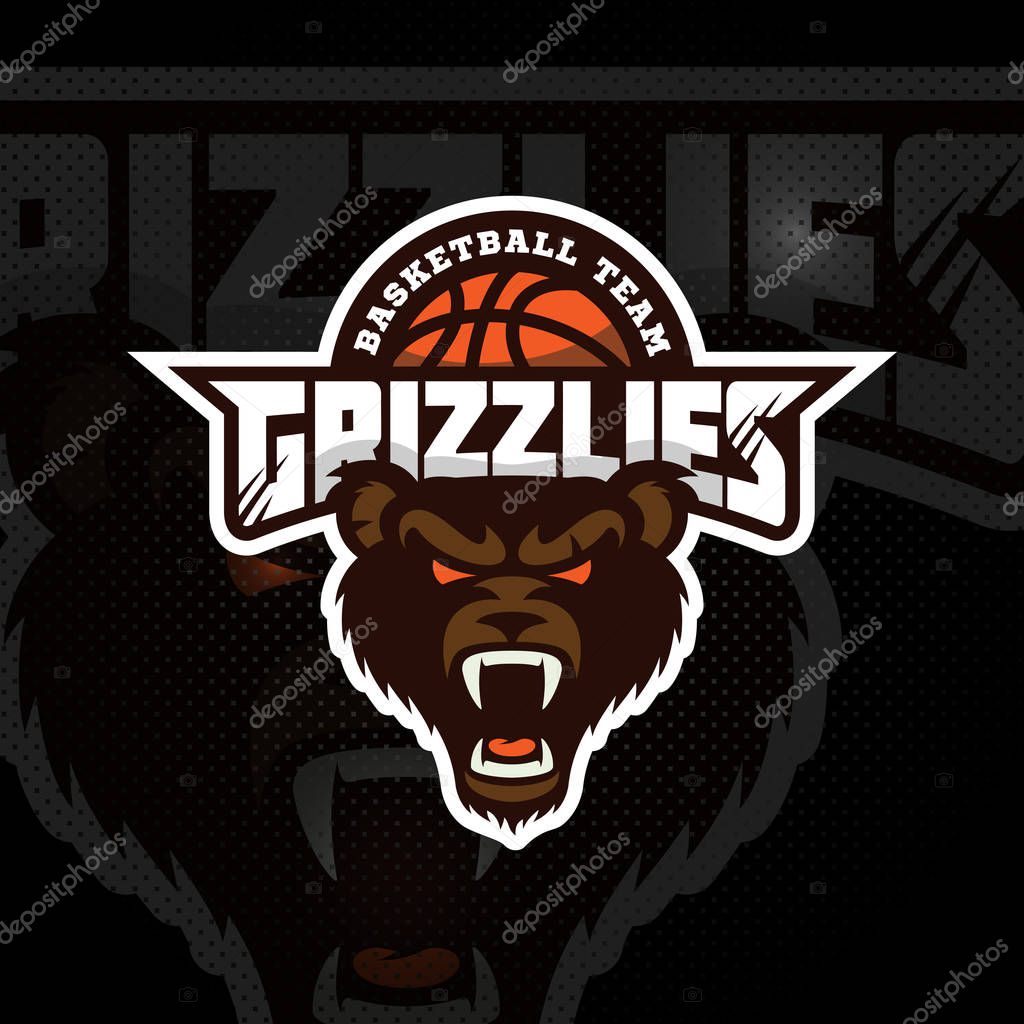 Bear head mascot for a basketball team on a dark background. Vector illustration.