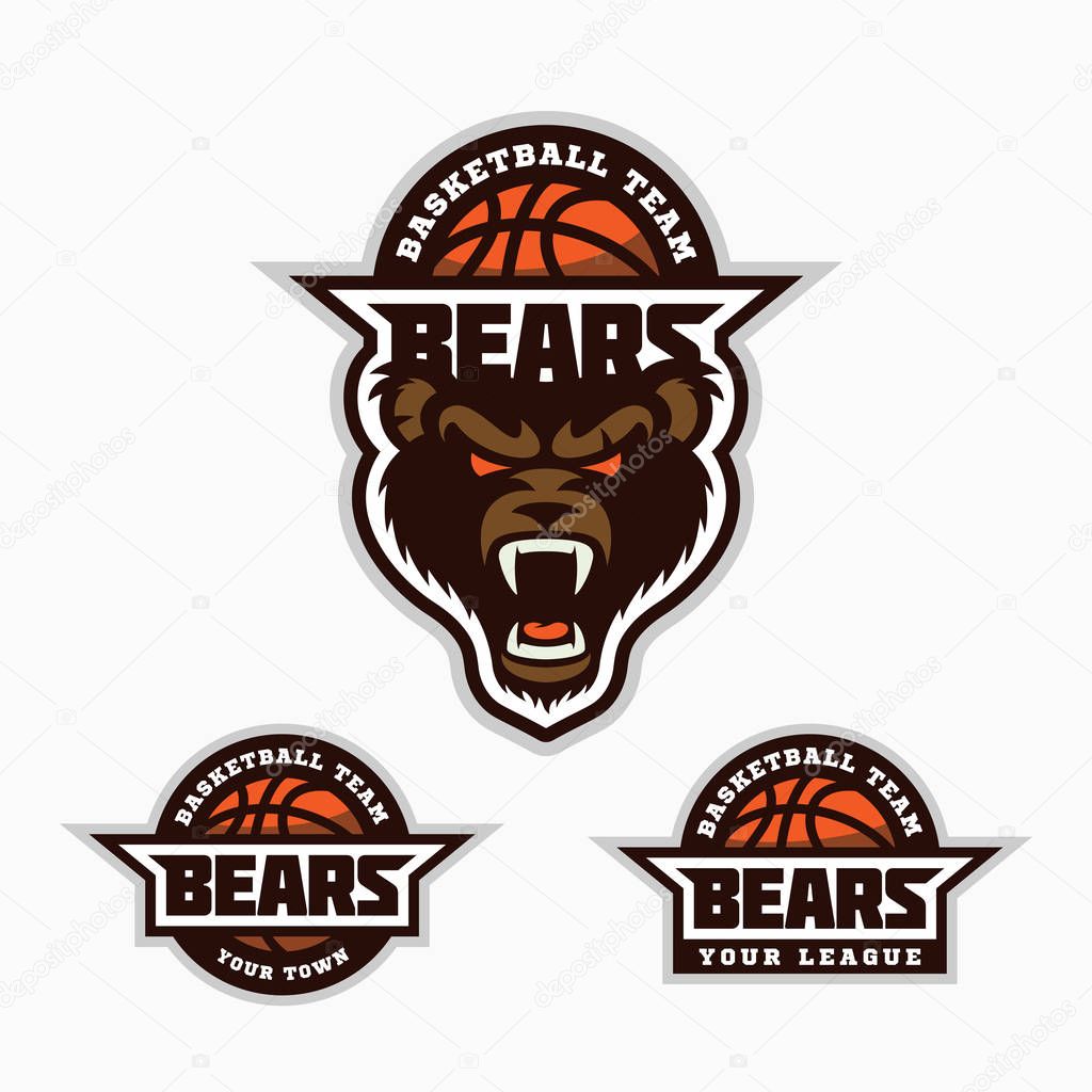 Set of bear mascot for a basketball team. Vector illustration.