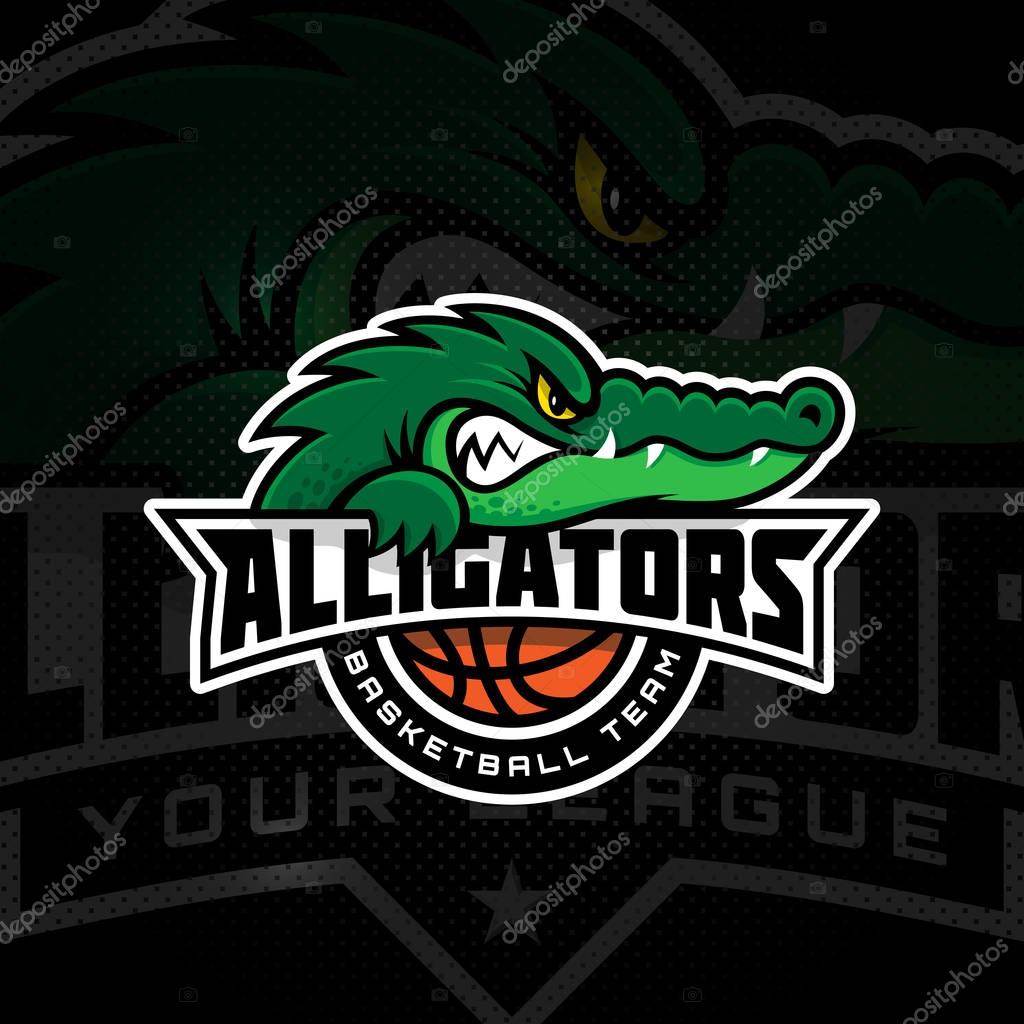 Alligator mascot for a basketball team on a dark background. Vector illustration.