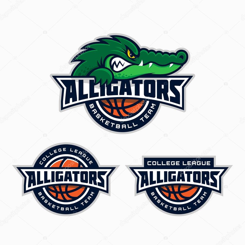 Set of alligator mascot for a basketball team. Vector illustration.
