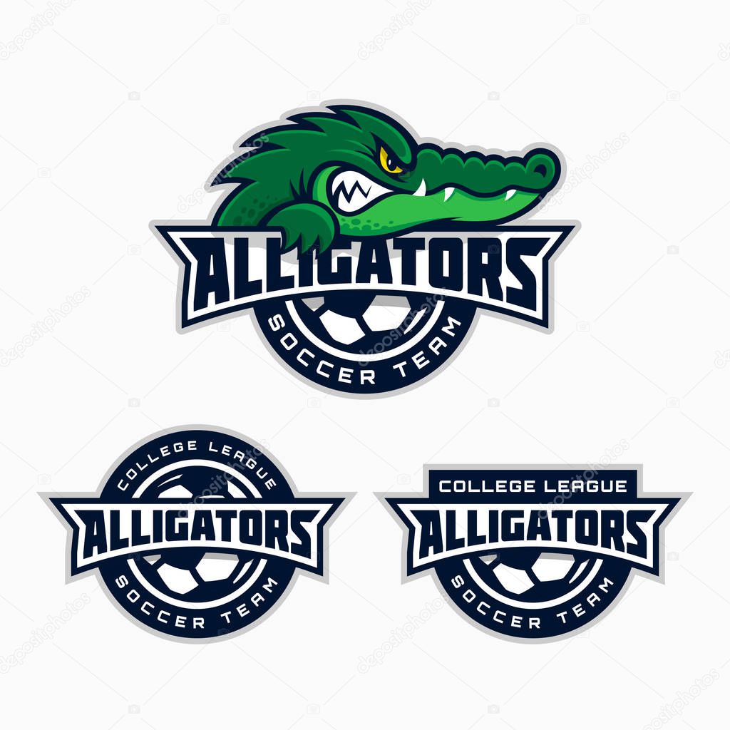 Set of alligator mascot for a soccer team. Vector illustration.