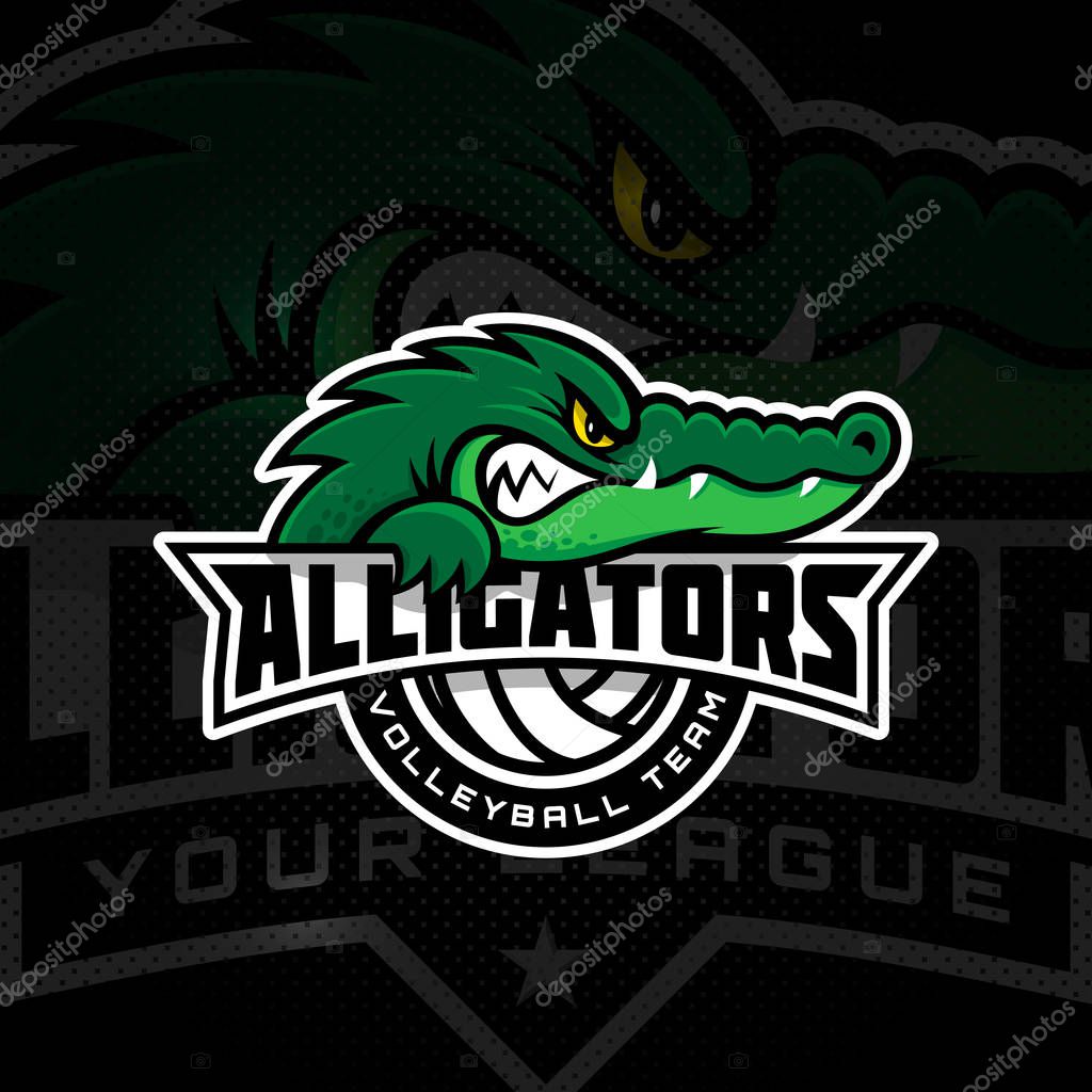Alligator mascot for a volleyball team on a dark background. Vector illustration.