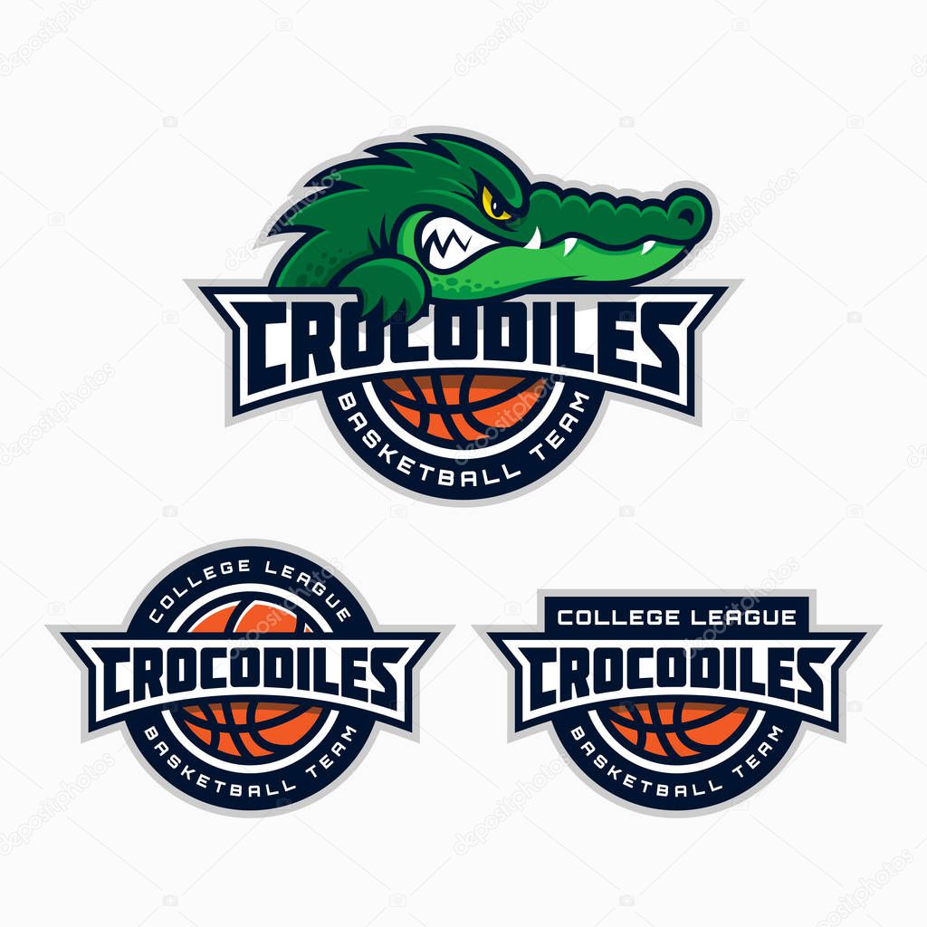 Set of crocodile mascot for a basketball team. Vector illustration.