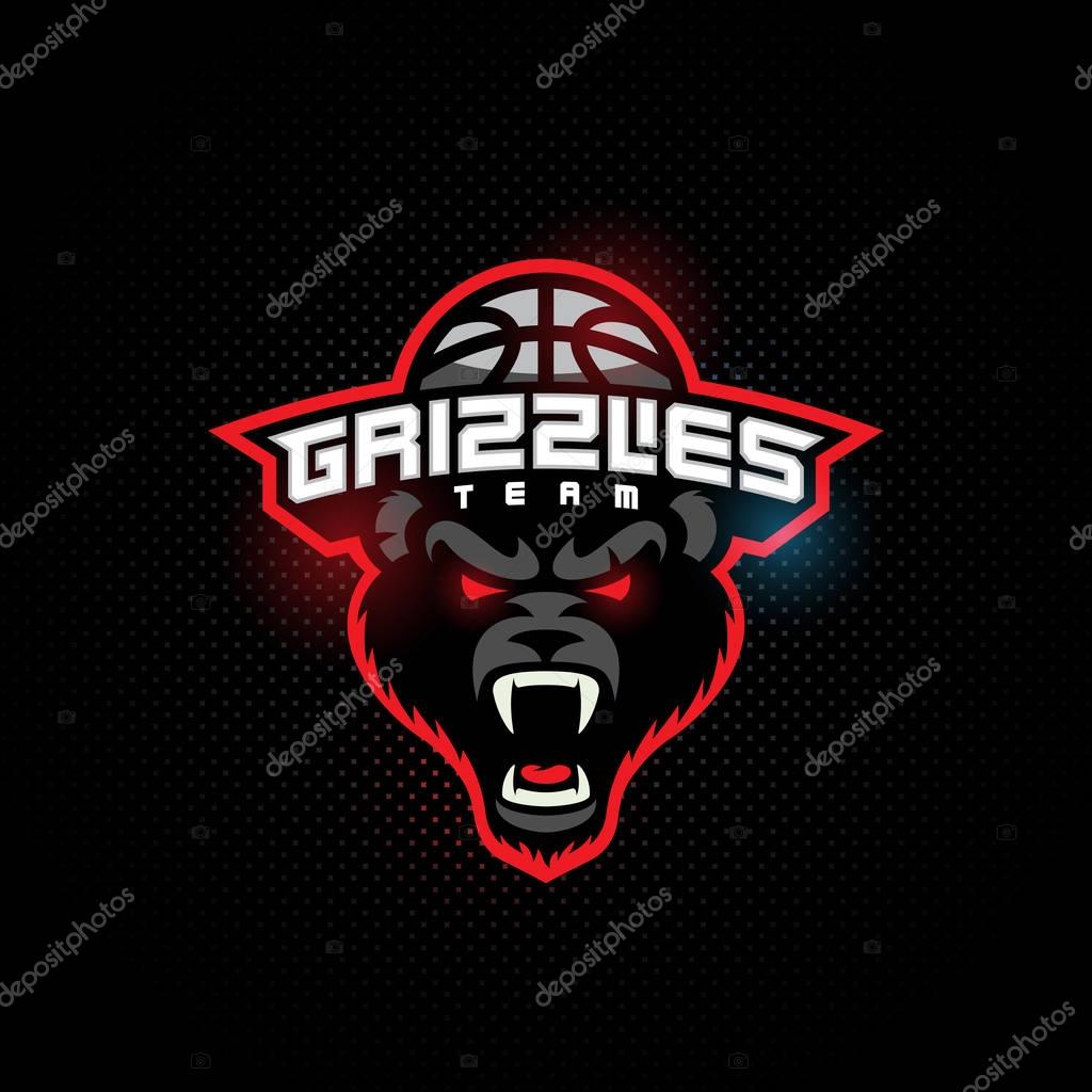Grizzly mascot for a basketball team on a dark background with hotspots. Vector illustration.