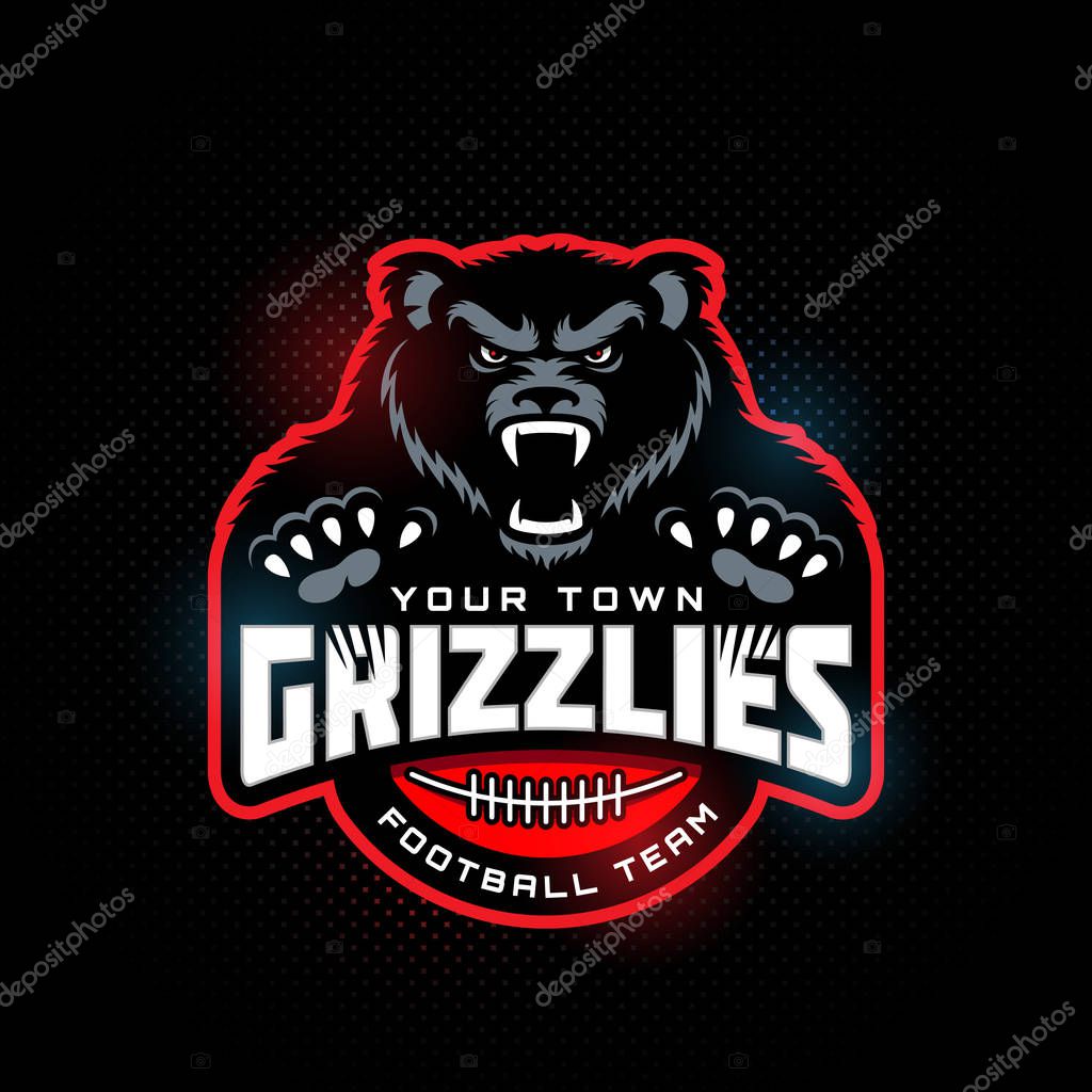 Grizzly bear mascot for a football team on a dark background. Vector illustration.