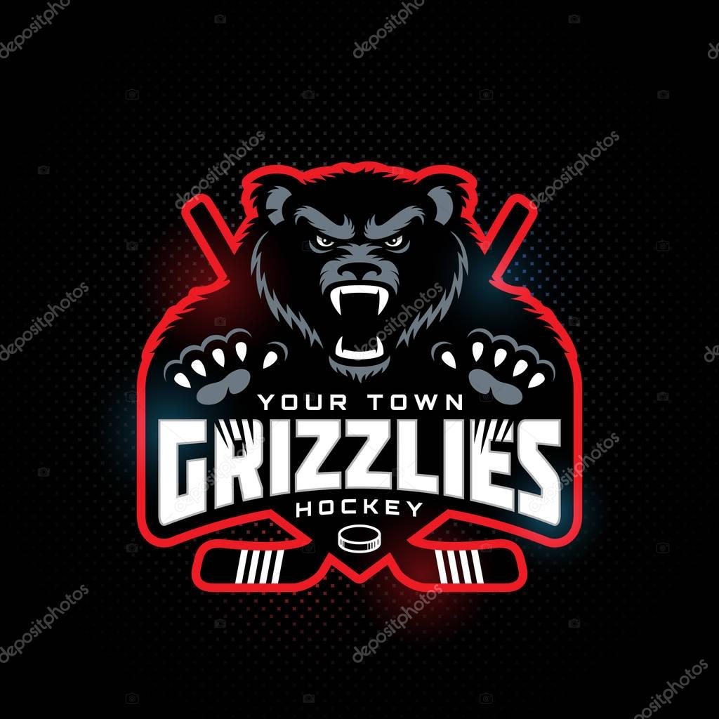 Grizzly bear mascot for a hockey team on a dark background. Vector illustration.