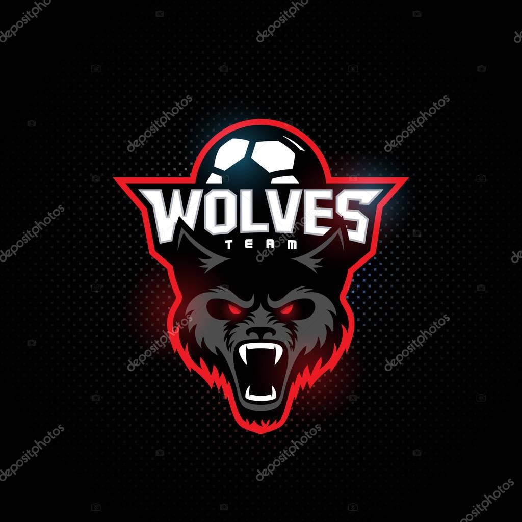 Wolf mascot for a soccer team on a dark background. Vector illustration.