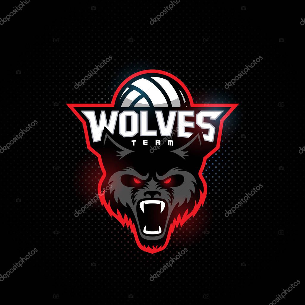 Wolf mascot for a volleyball team on a dark background. Vector illustration.