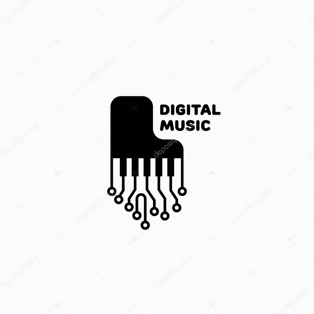 Digital music logo template design with a piano. Vector illustration.