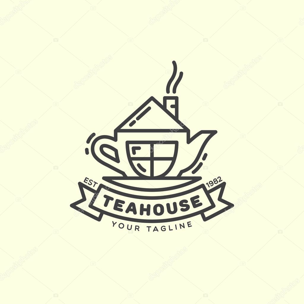 Tea house logo template design in outline style. Vector illustration.