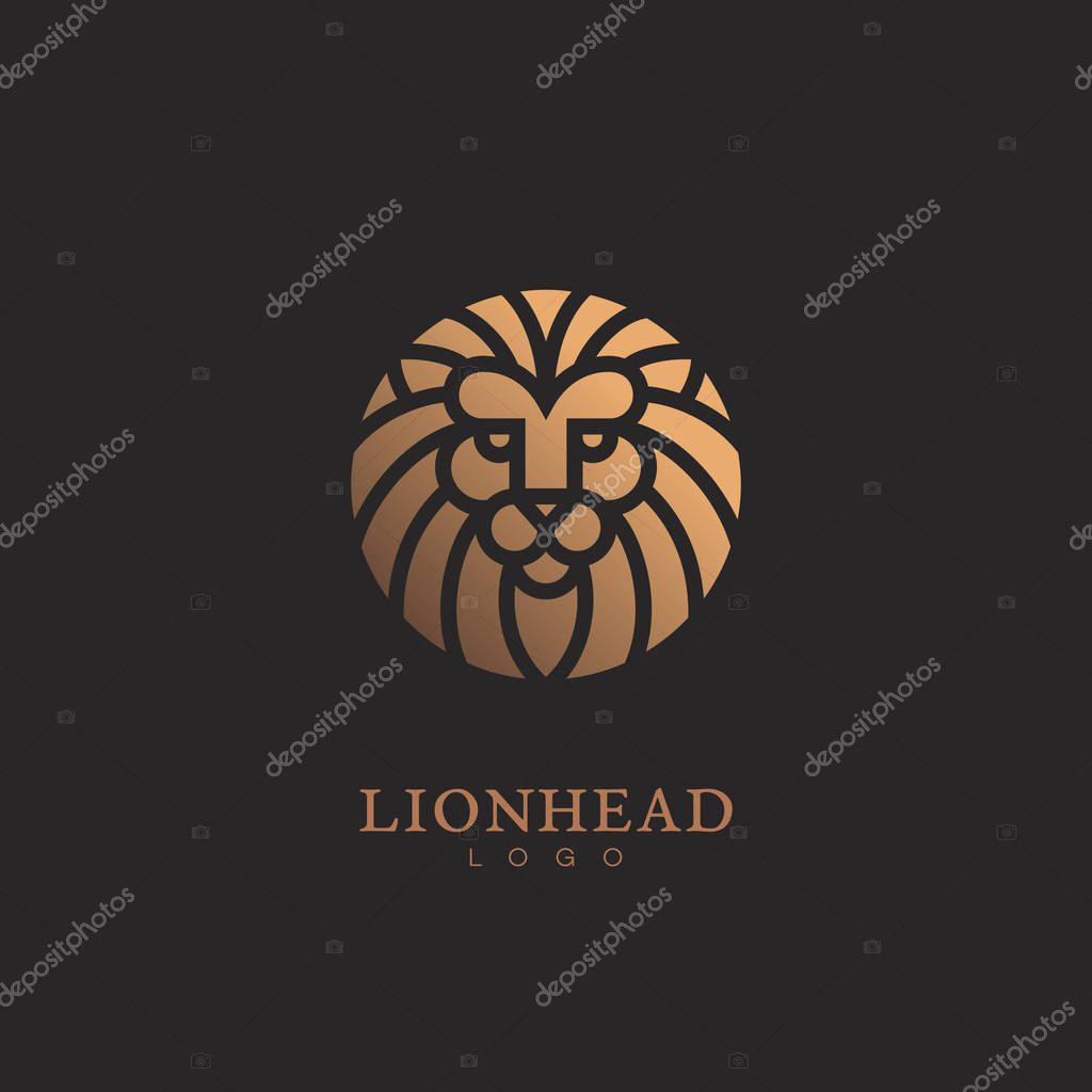 Golden round lion head logo template design. Vector illustration.