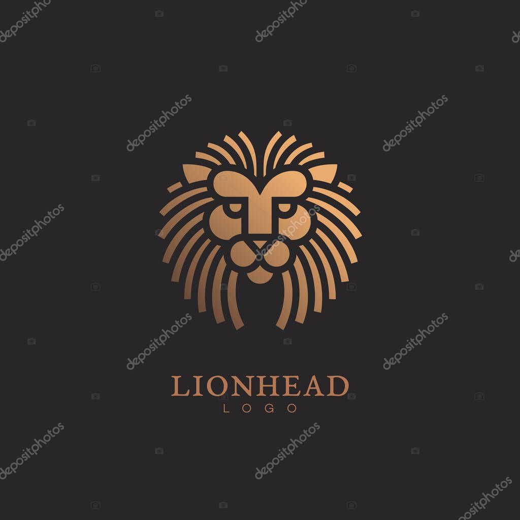 Golden round lion logo template design. Vector illustration.