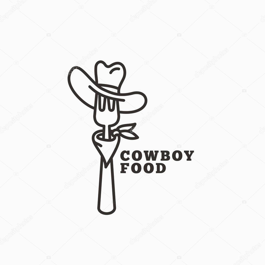 Cowboy food logo template design with a fork in a hat in outline style. Vector illustration.