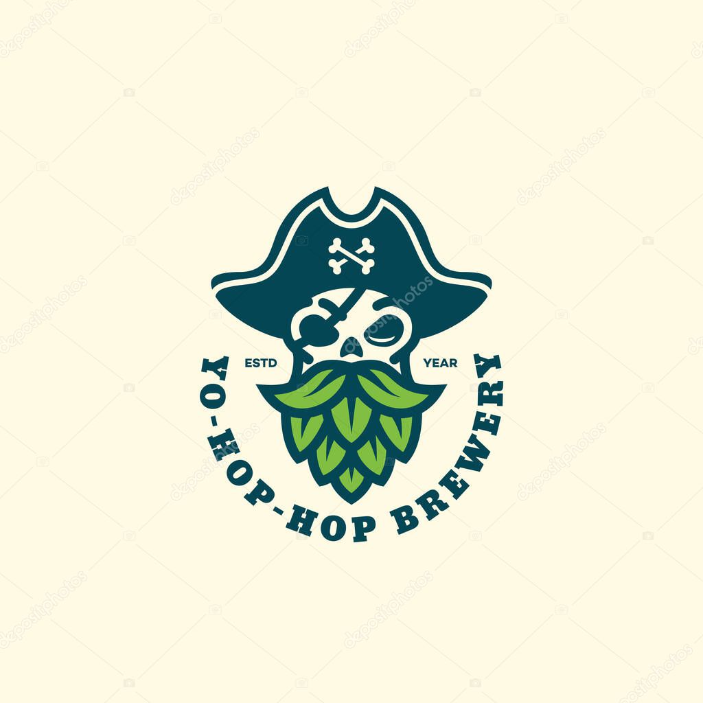 Pirate hop logo design template with bearded skull. Vector illustration.