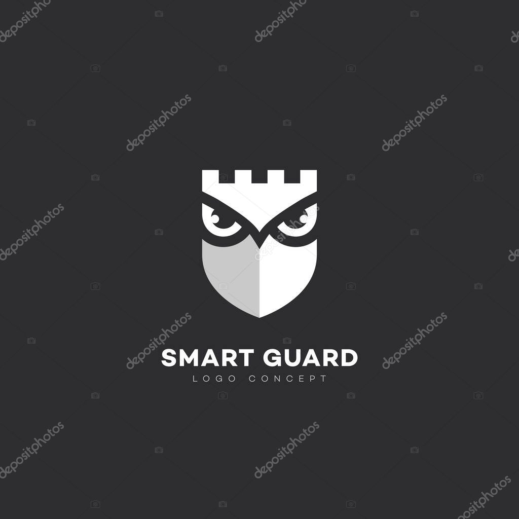 Smart guard logo design template with owl and shield. Vector illustration.