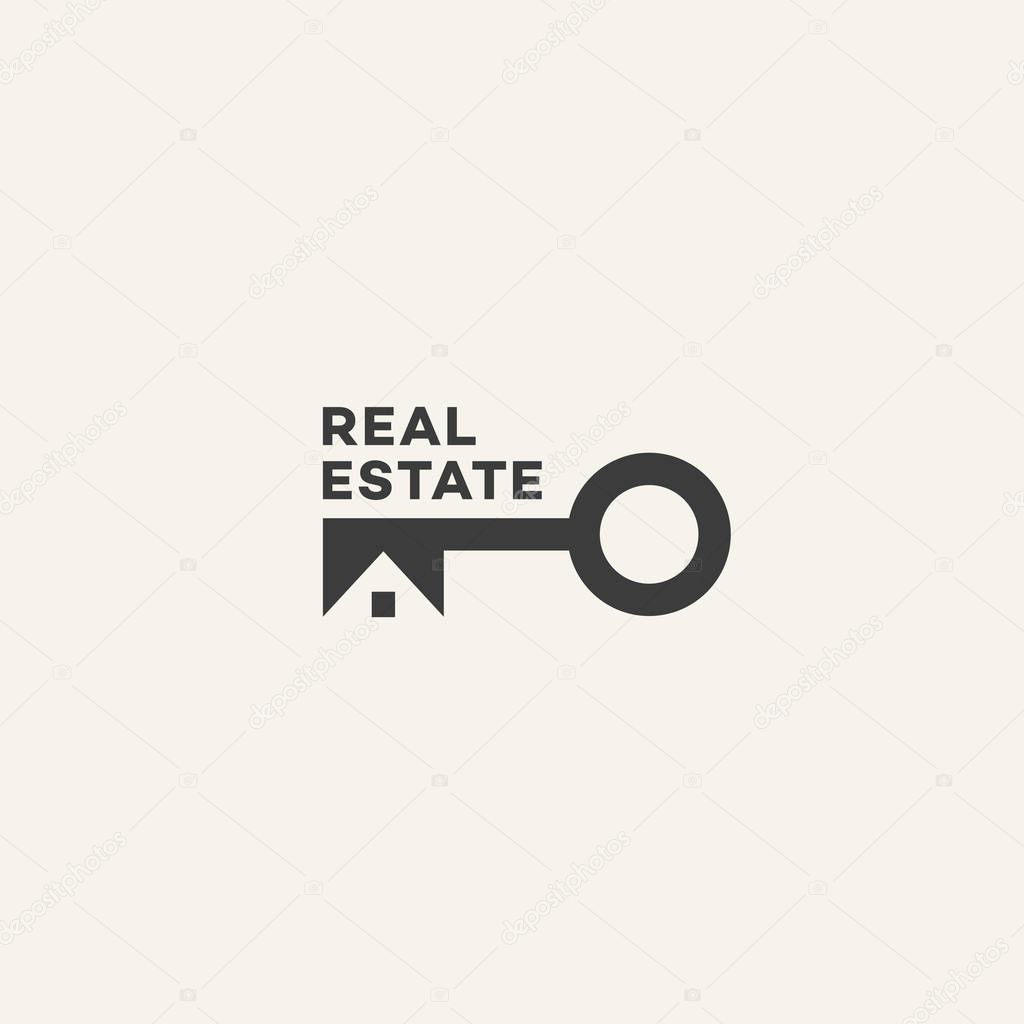 Real estate logo design template with stylized key. Vector illustration.