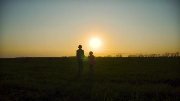 Děti bratr a sestra utíkají na západ slunce večer na venkově — Stock video