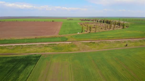 Quadrocopter vliegt over landbouwvelden en spoorweg met witte auto op afstand — Stockvideo