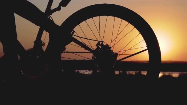 Bisikletçi pedalları çevirir ve bisiklete biner. Dişli sistemi dağ bisikleti ve tekerlek rotasyonu gün batımı ışınlarında — Stok video