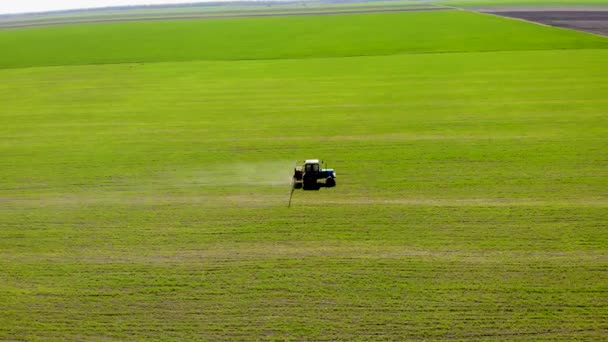 Vista aérea del tractor está rociando pesticidas en el campo de grano con cultivos de trigo y cebada — Vídeos de Stock