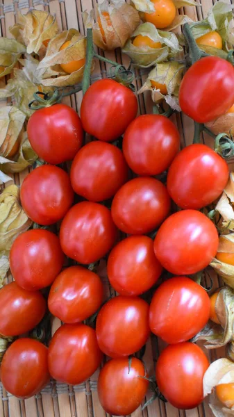Mutfak seyahati. Letonya mutfağı. Küçük kırmızı kiraz domatesleri ve yenilebilir Physalis 'in sarı meyveleri. Seçici odaklanma. Vejetaryen yemeği. Sağlıklı yaşam tecrübesi. Sebze tarifi. Organik gıda konsepti. 