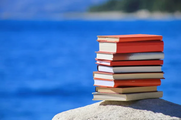 Bücherstapel Auf Einer Steinsäule Meer — Stockfoto